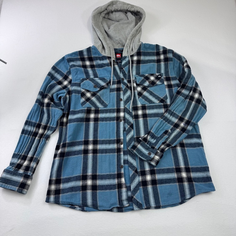 Quiksilver Mens Hooded Flannel Shirt Blue Black Plaid Long Sleeve XL Hoody